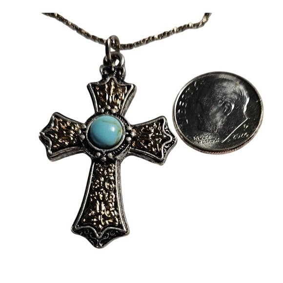 Vintage Sterling Silver and Gold Tone Cross 23" Necklace with Turquoise Stone - Picture 5 of 6